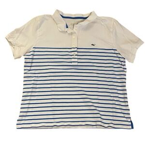 Vineyard Vines Kids Striped Pique Polo Shirt - White and Blue Size L
